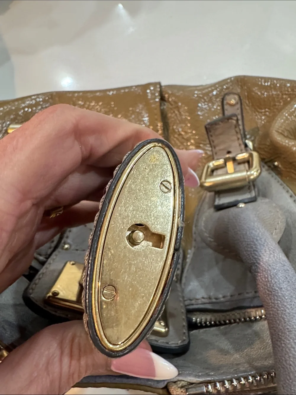Chloe Olive and Taupe Patent Leather Satchel